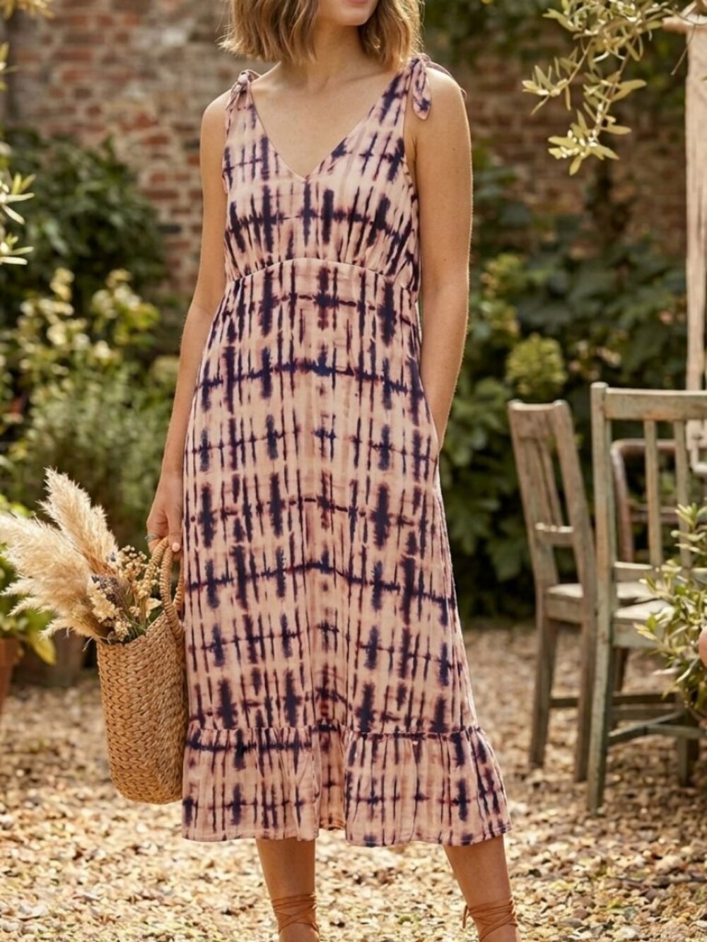Cotton Tie Dye Tie Shoulder Midi Dress Pink Blue Shibori Print Sundress Boho S
